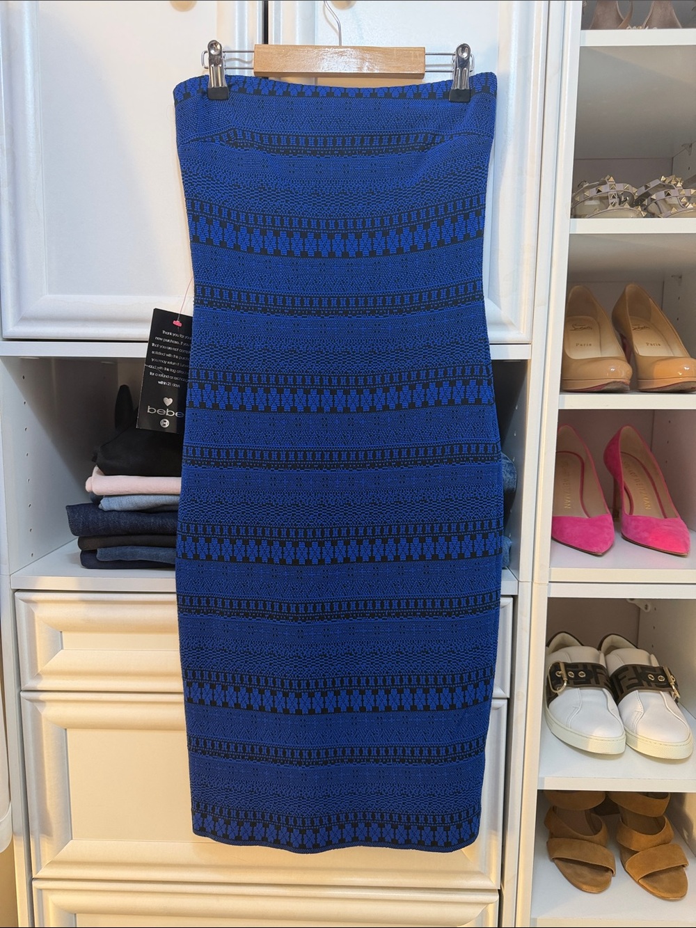 bebe Blue Strapless Knit Pencil Dress with Black Pattern